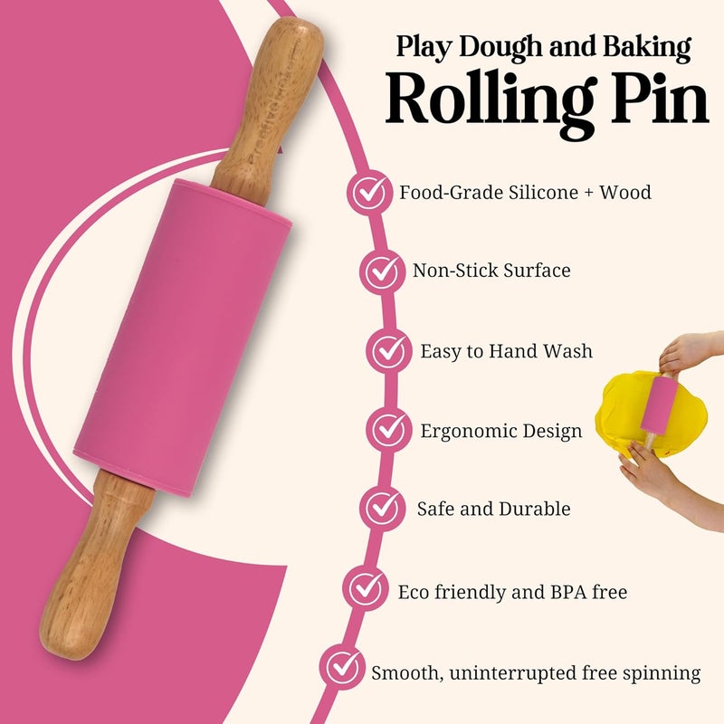 Creative Makers Small Rolling Pin for Kids, Non-Stick Silicone Surface with Wooden Handles for Play Dough and Baking Rolling Pin (Hot Pink) - Image 2